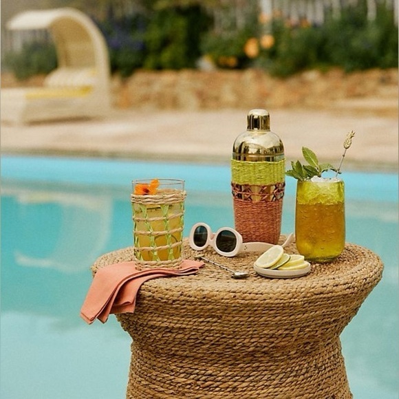 Anthropologie Tamra Cocktail Shaker Raffia Gold StrainerJigger Bar accessory - Picture 6 of 7